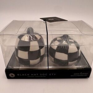 Black Hat Society Halloween Checkered Pumpkin Salt and Pepper Shaker Set Courtly